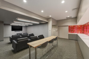 Interior Theatre Room, large tv, 8 lounge seats, table with bar stools in the back, carpet floor, long countertop with sink in the back of the room, red contemporary backsplash behind countertop.